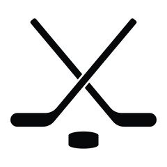 Crossed hockey sticks and puck vector icon. Ice hockey symbol for sports, winter games, and team competition. Black silhouette isolated on white background.