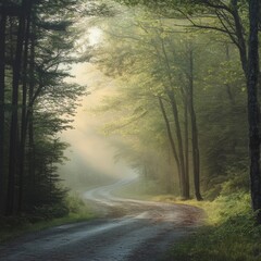 Obraz premium Fairy forest in fog. Fall woods. Enchanted autumn forest in fog in the morning. Old Tree. Landscape with trees, colorful orange and red foliage and blue fog. Nature background. 