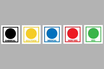 Veg Non-veg food indication dots set pure chemical, egg food, medical. Veg and Non-veg indication in different colours. veg Non-veg dot icons, Colourful veg and Non-veg  symbol. vector icon.