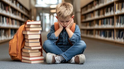 A sad boy sits on the floor of a school hallway, surrounded by open books and his backpack, reflecting during a quiet afternoon