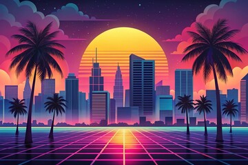 Obraz premium Synthwave Miami Sunset Cityscape: Retro 80s Digital Art Background
