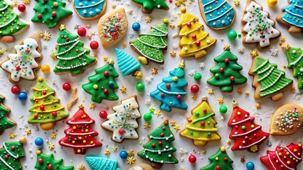 Obraz premium Aerial View of Iced Christmas Tree Cookies, Festive Holiday Baking Decoration