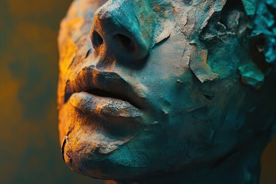 Turquoise and orange split complementary color palette on a cracked face sculpture