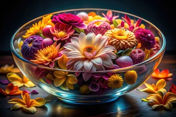 Dreamlike floral abstracts: glass vessels hold surreal blooms, defying gravity and expectation.