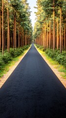 Fototapeta premium Scenic Forest Road Asphalted Path Through Tall Pine Trees