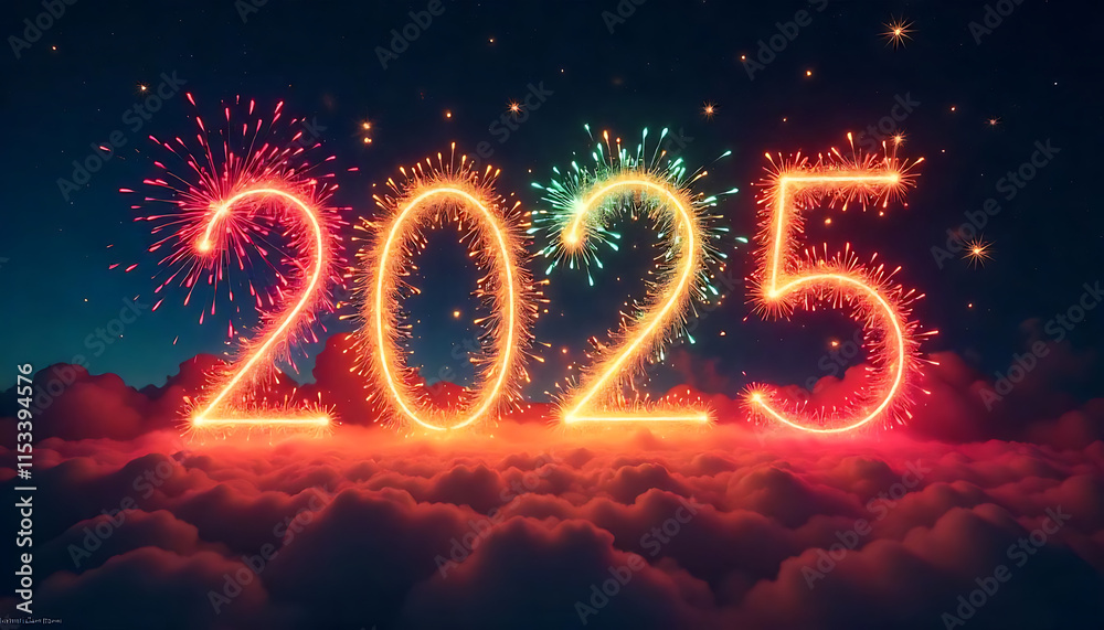 Fototapete Colorful fireworks display in the night sky forming the numbers 2025, with a dark blue background, Banner template for 2025 header websites, 2025 celebration template created with generative ai