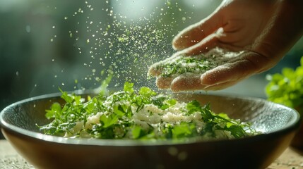 Hand Sprinkling Herbs and Cheese on a Dish