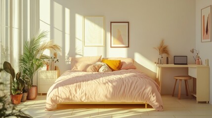 Sunlit bedroom with pink bedding, plants, and desk.