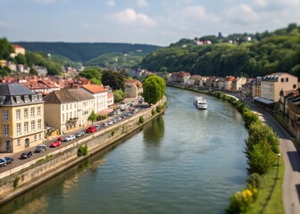 Tilt-Shift Photography: Meuse River, Sedan, Ardennes, France - Scenic Cityscape with Copy Space