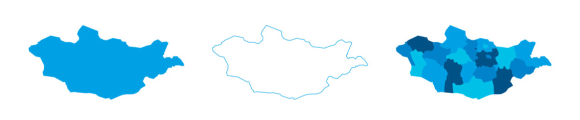 Obraz premium Mongolia set of three maps - solid map, outline map and map highlighting administrative divisions. Three distinct maps illustrate various representations of a geographical area.
