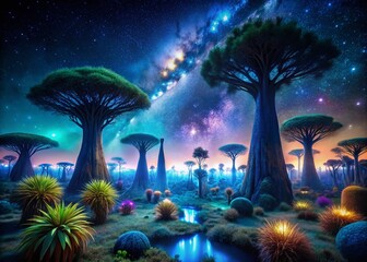 Alien Planet Night Landscape: Bioluminescent Flora Under Starry Skies