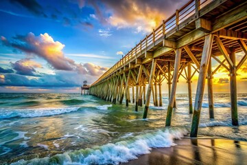 Topsail Island Pier: Sun-Drenched Wooden Structure Extending Over Ocean Waves