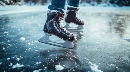 A spirited ice skating session on a frozen pond, Skates and winter attire neatly set up, Winter sports style