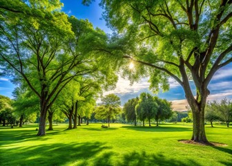 Obraz premium Tranquil Green Park: Serene Grass Field Under Blue Sky - Stock Photo