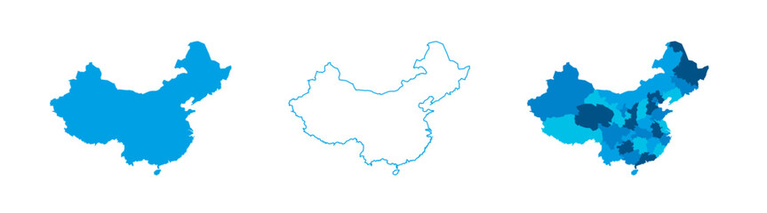 China set of three maps - solid map, outline map and map highlighting administrative divisions. Three distinct maps illustrate various representations of a geographical area.