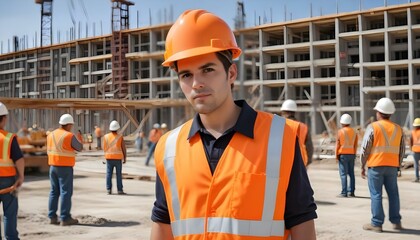 A construction worker wearing an orange safety vest and hard hat, standing on a construction site with other workers and equipment visible in the background