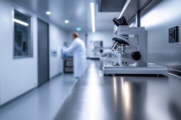 Modern laboratory with microscope and researcher in background.