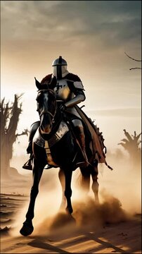 A crusader warrior in a plate armour riding through a cinematic desert on his horse, dead trees, soft sunlight, sand, ancient war, soldier, knight, deus vult, religion