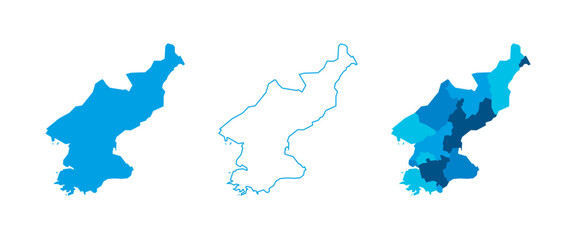 North Korea set of three maps - solid map, outline map and map highlighting administrative divisions. Three distinct maps illustrate various representations of a geographical area.