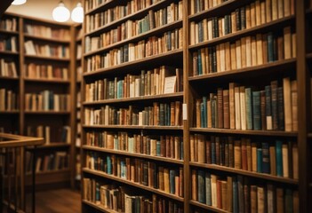 Rows of wooden bookshelves filled with old books in a cozy library.