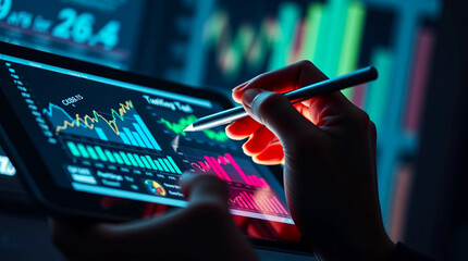 Analyzing Stock Market Trends on a Tablet with Digital Data Visualization