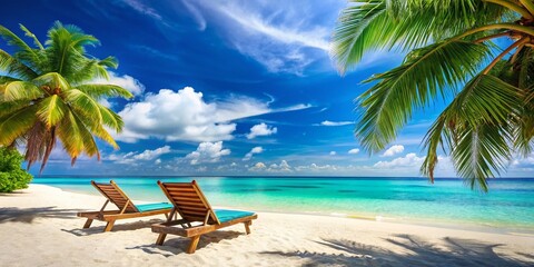 Tropical Beach Vacation: Two Sun Loungers on Pristine Sand, Perfect Relaxation