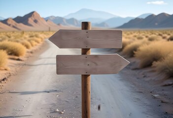 Weathered wooden directional sign post in a desert or rural landscape, with a blurred background of mountains or hills