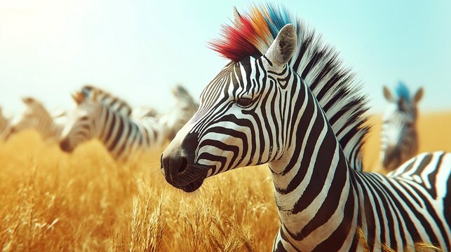 herd of zebras marching confidently through the golden savanna, each flaunting dramatic colorful mohawks