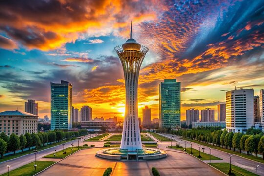 Astana's Bayterek Tower: Majestic Cityscape at Sunset, Rule of Thirds Composition
