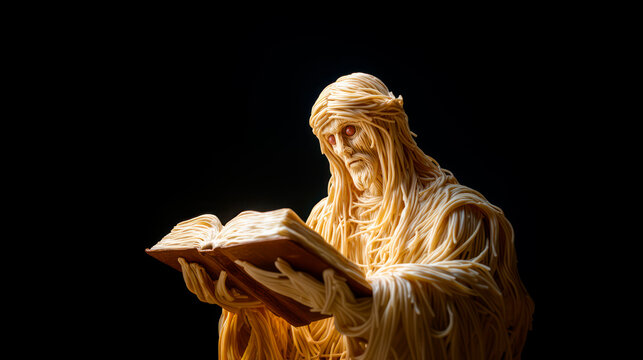Flying spaghetti monster in form of a human saint reading a book. Black background