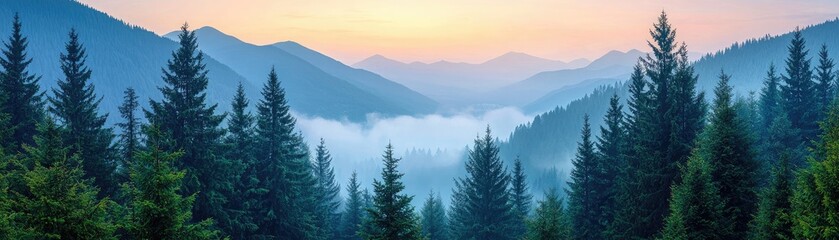 Obraz premium Stunning Sunrise Over Misty Mountain Landscape with Lush Green Pine Forest and Serene Sky