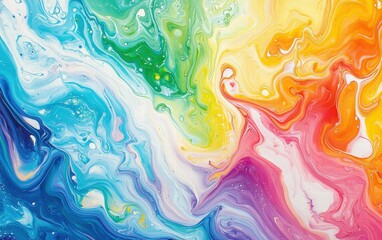 A playful swirl of liquid paint in rainbow colors, with each hue blending seamlessly, on a bright white background