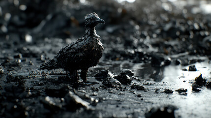 Obraz premium Bird covered with spilled heating fuel, heavy pollution, endangered wildlife