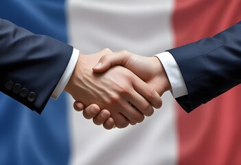 Two businessmen shaking hands in front of a blurred French flag, symbolizing a business deal or partnership