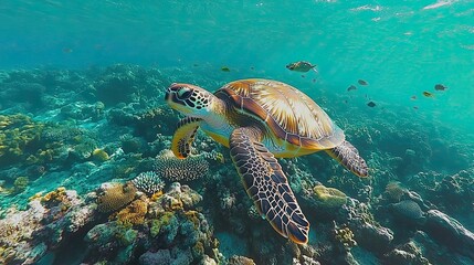 Fototapeta premium Male sea turtles pursuing females in a stunning coral reef with tropical fish in the backdrop