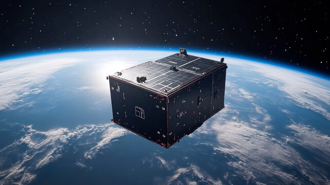 Cubesat, small satellite, on Earth orbit - Powered by Adobe