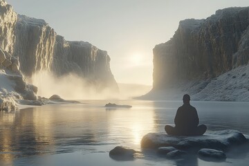 A serene scene featuring a lone figure, silhouetted against a tranquil river, surrounded by towering cliffs at sunrise, evoking peace and introspection.