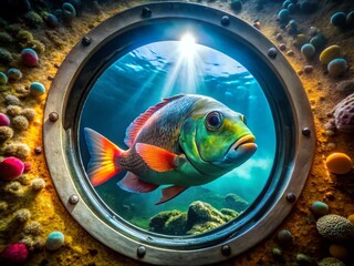 Underwater Exploration: Intriguing Fish Viewed Through Submarine Porthole