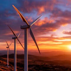 Wind turbines generating clean energy at sunset