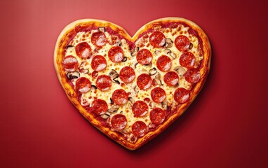 Fototapeta premium A large heart-shaped pizza with visible toppings like pepperoni and cheese, on a bold red background