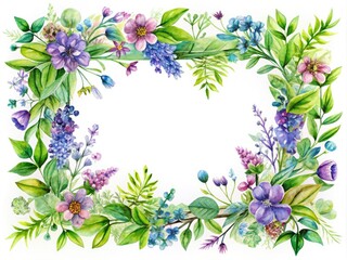 Fototapeta premium Aerial view watercolor wildflowers, lush green leaves, botanical illustration on white, perfect rectangle frame nature print.