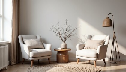 Cozy living room with light armchairs, round table, and woven rug.Warmth. Simplicity. Calm Interiors.Home decor, cozy interior design, living room inspiration, banner concept.