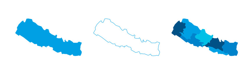 Nepal set of three maps - solid map, outline map and map highlighting administrative divisions. Three distinct maps illustrate various representations of a geographical area.