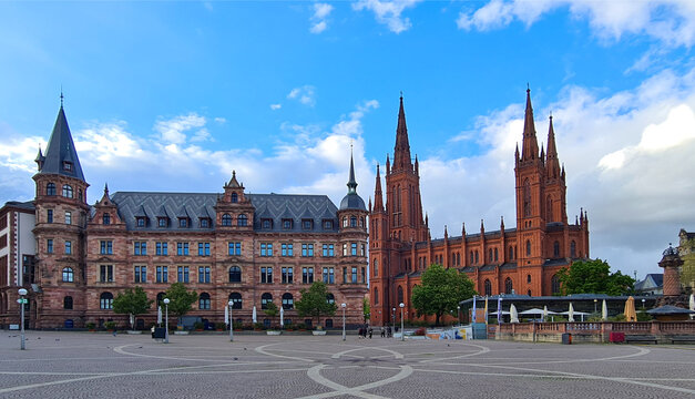 View of the market square with town hall and famous cathedral "Marktkirche", Wiesbaden, Germany
