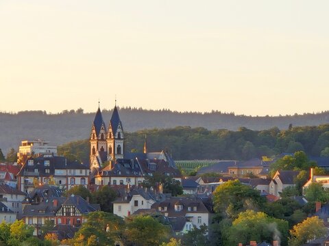 Aerial view of the church "Maria-Hilf-Kirche" in the golden sunset light, Wiesbaden, Germany