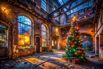 Obraz premium Urban Christmas: Festive Lights & Abandoned Building, Joyful Holiday Season