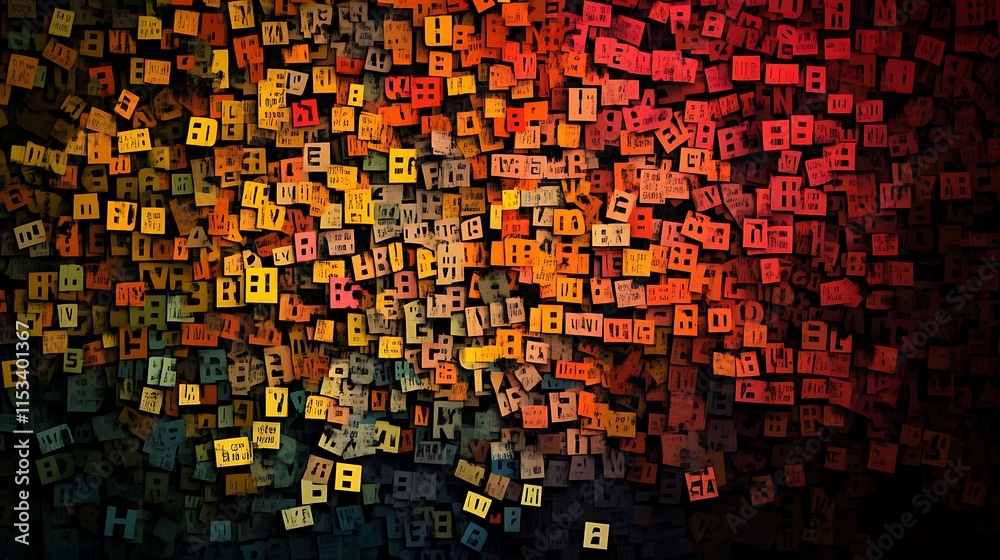 Aufkleber abstract art featuring a cascade of colorful letters creating a dynamic textured background.
