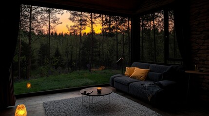 Serene Sunset Forest View from Modern Living Room