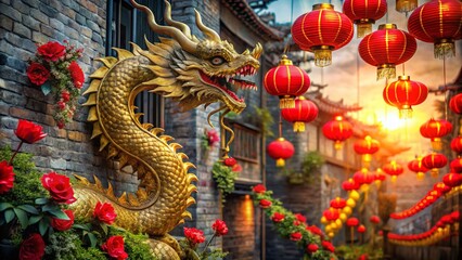 Fototapeta premium Urban Exploration Chinese New Year Dragon Lantern Red Flowers Paper Cut Art Stock Photo