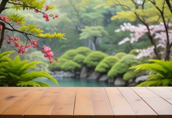 Asian table mockup with a zen garden background, perfect for product presentation and decor ideas